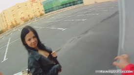 Chesty bimbo rides dick in abandoned building