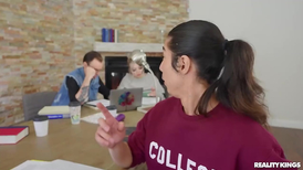 Lad with long hair getting his dick sucked at the dinner